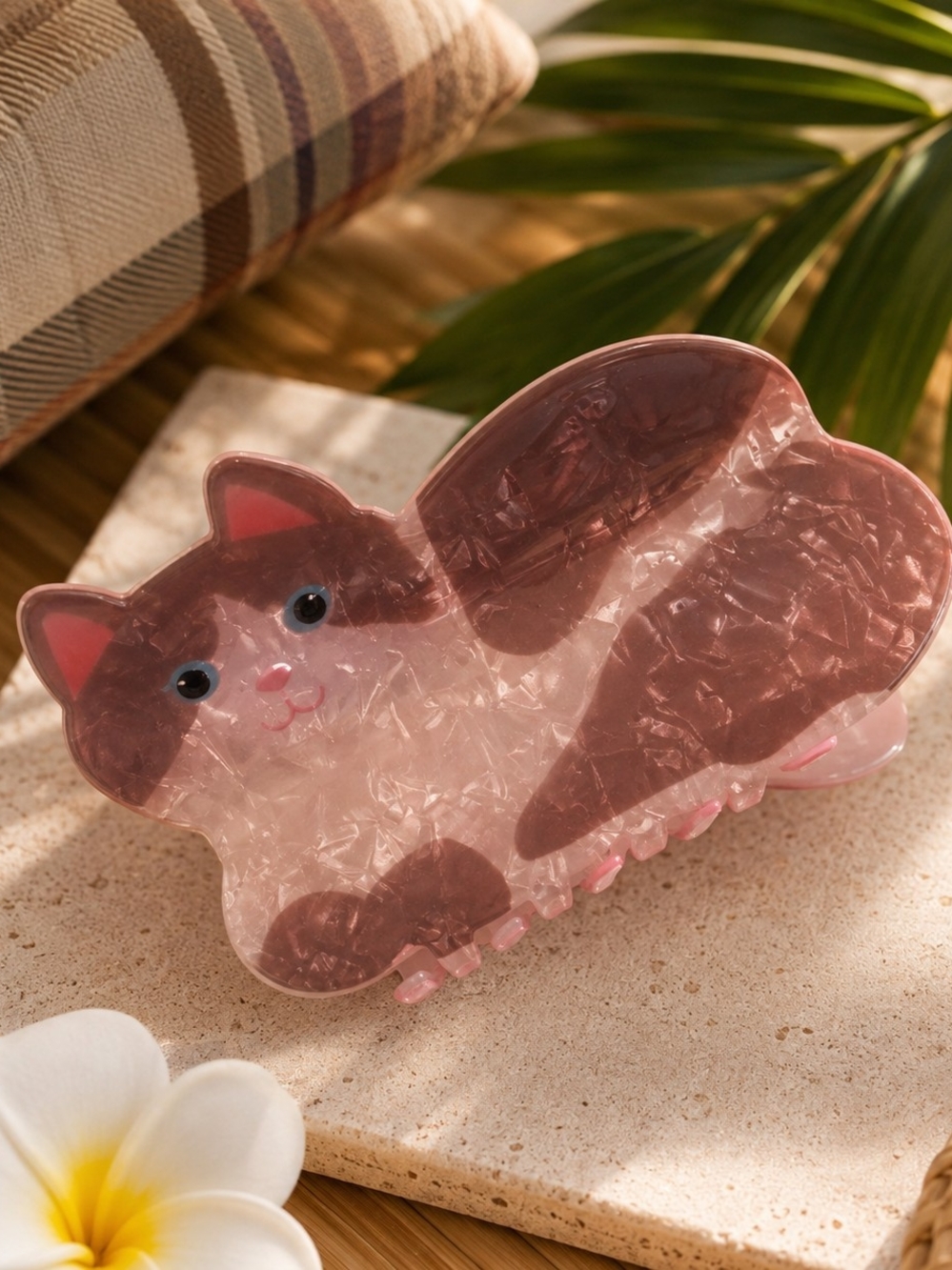 Cat-Shaped Pink Brown Acrtate Hair Claw Clip Kawaii New